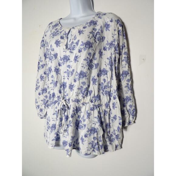 Como Blu Womens Top 3X Blue White Floral Prairie Cottage Core Cinch Waist - Picture 2 of 12